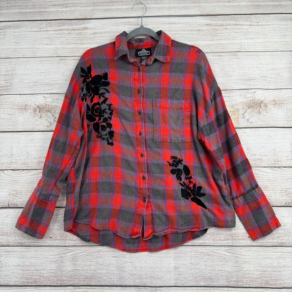 Angie Floral Embroidered Plaid Button Down‎ Shirt Womens Medium Red Gray Blue